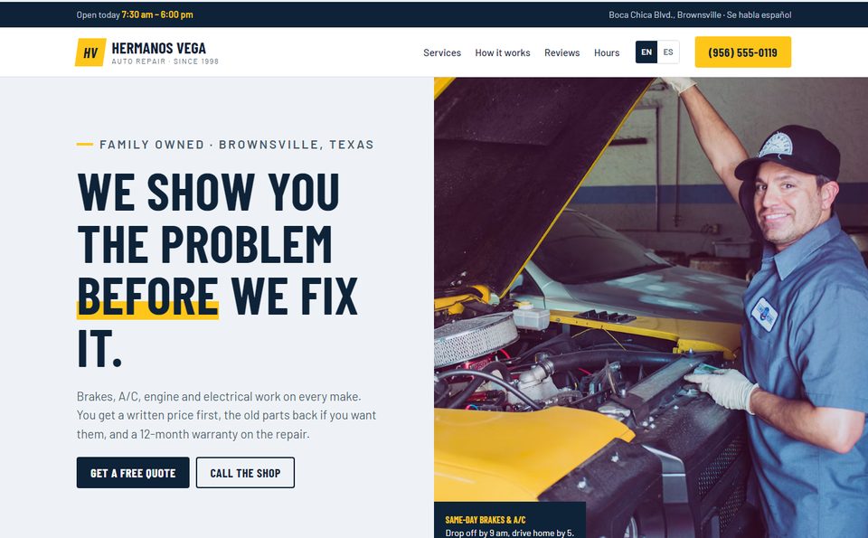 Sample auto repair website: Hermanos Vega